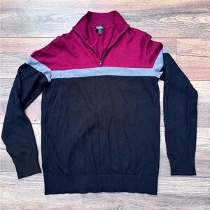 Express Men's Zip-Up Merino Wool Blend Sweater - Black, Gray, & Red - Large Tall